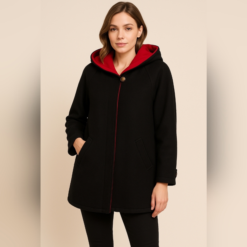 Forecaster USA Black Red Hooded Coat Wool Blend Button Front Warm Winter Size L